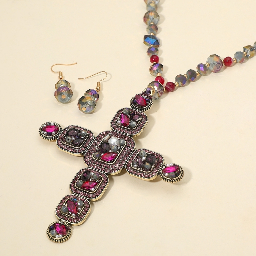 Stone Pearl Embellished Cluster Cross Pendant Faceted Beaded Long Necklace 37"
